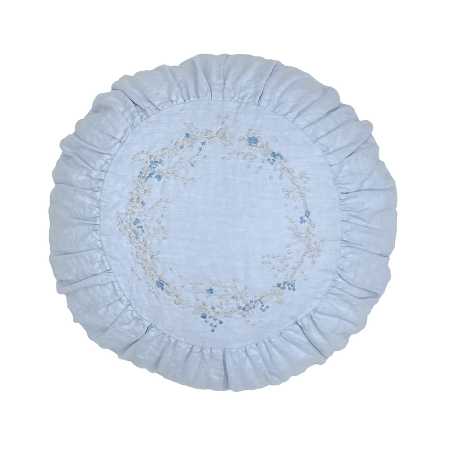 Floral Crown Embroidered Round Pillow on Blue Linen