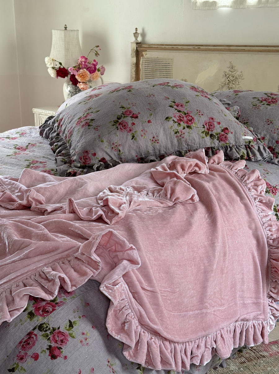 Pink Velvet Linen Ruffle Throw