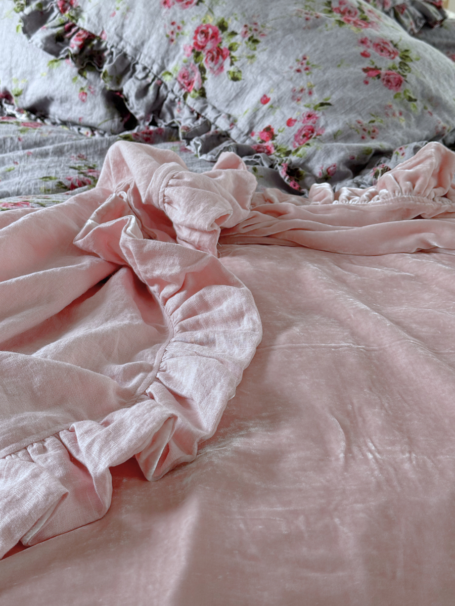 Pink Velvet Linen Ruffle Throw