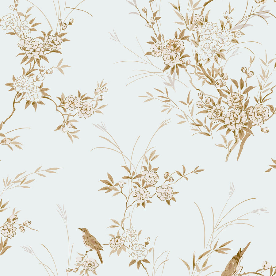 Bird Chinoiserie Blue Gold Wallpaper - Swatch