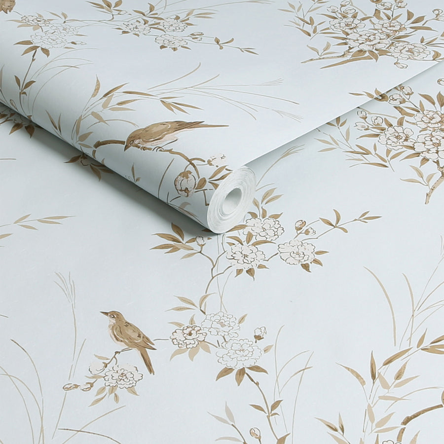 Bird Chinoiserie Blue Gold Wallpaper