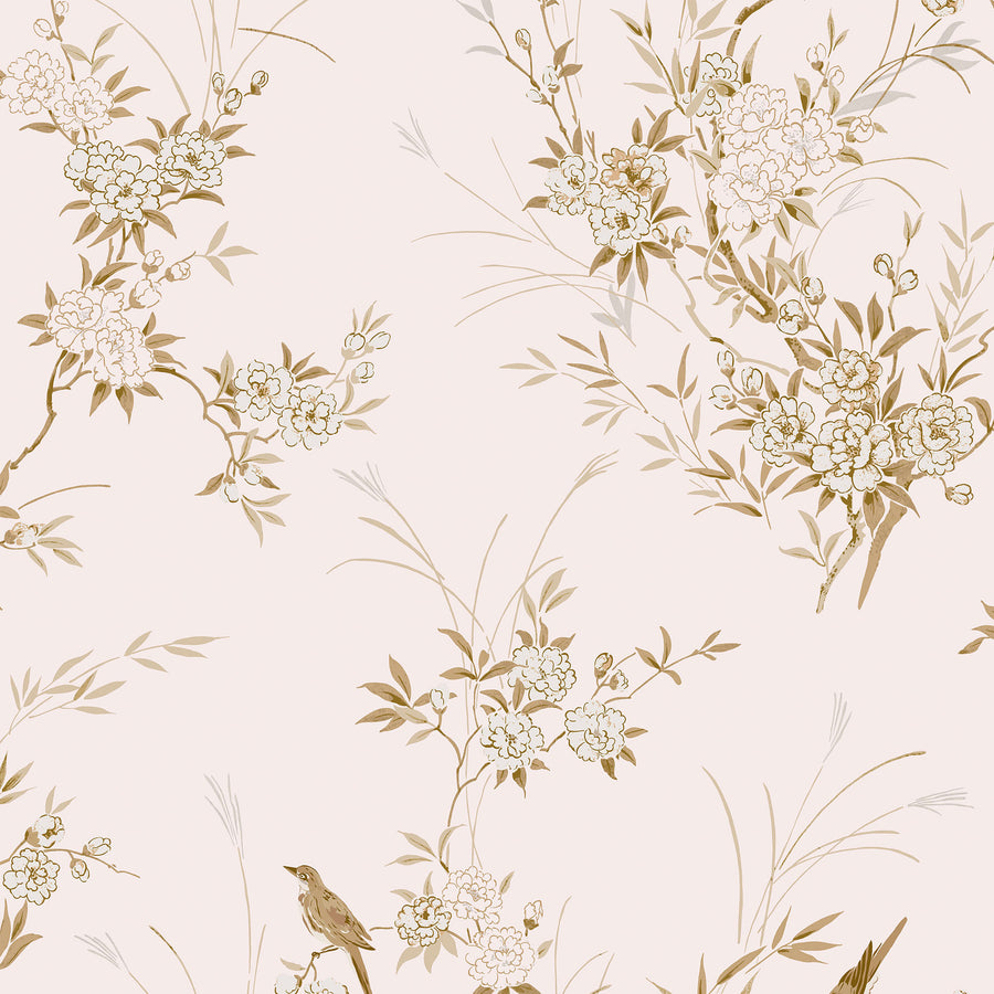 Bird Chinoiserie Pink Gold Wallpaper