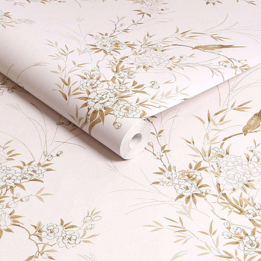 Bird Chinoiserie Pink Gold Wallpaper