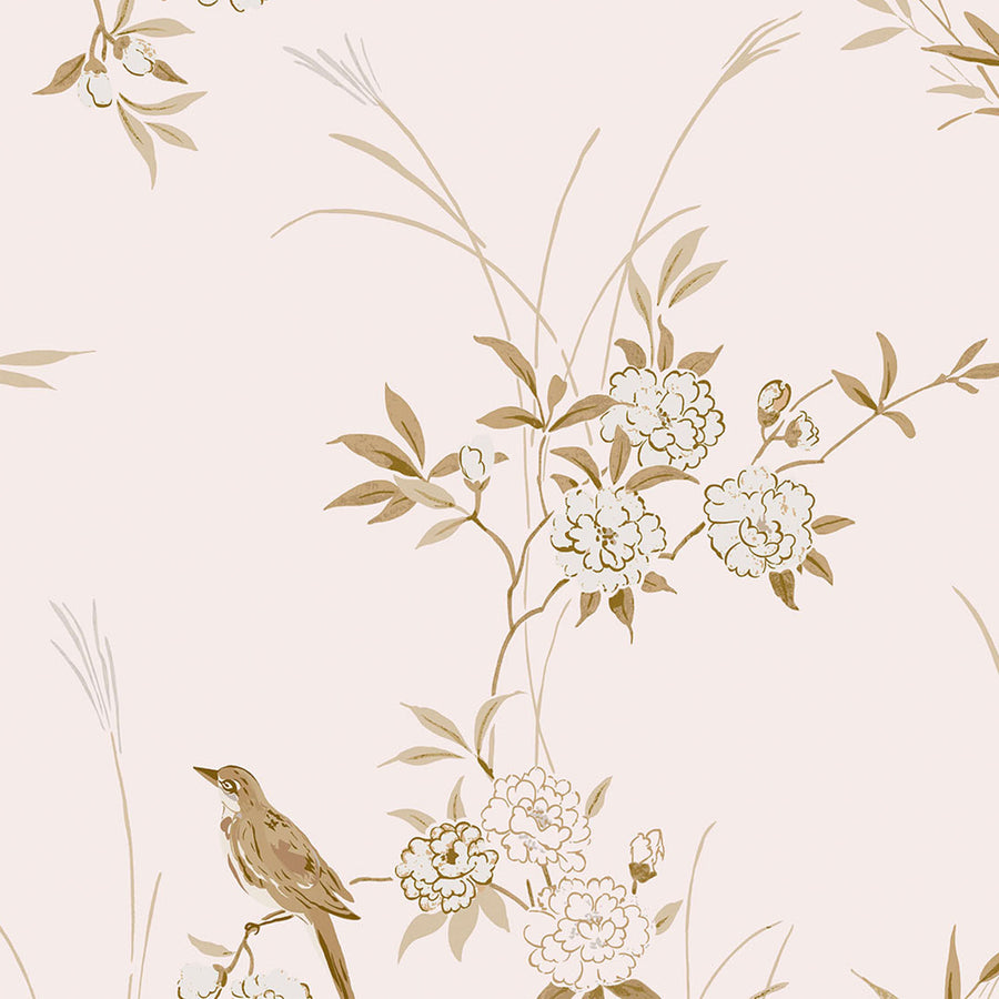 Bird Chinoiserie Pink Gold Wallpaper