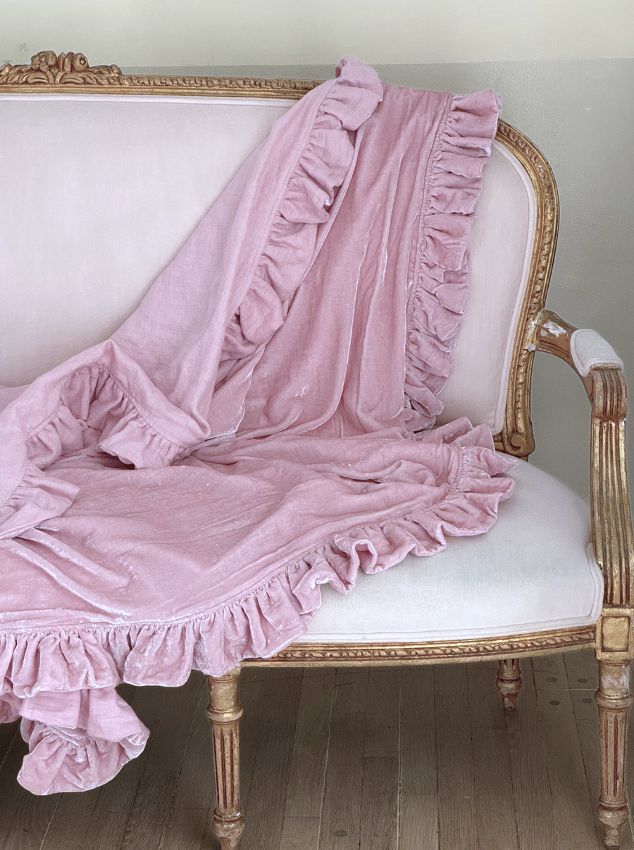 Pink Velvet Linen Ruffle Throw