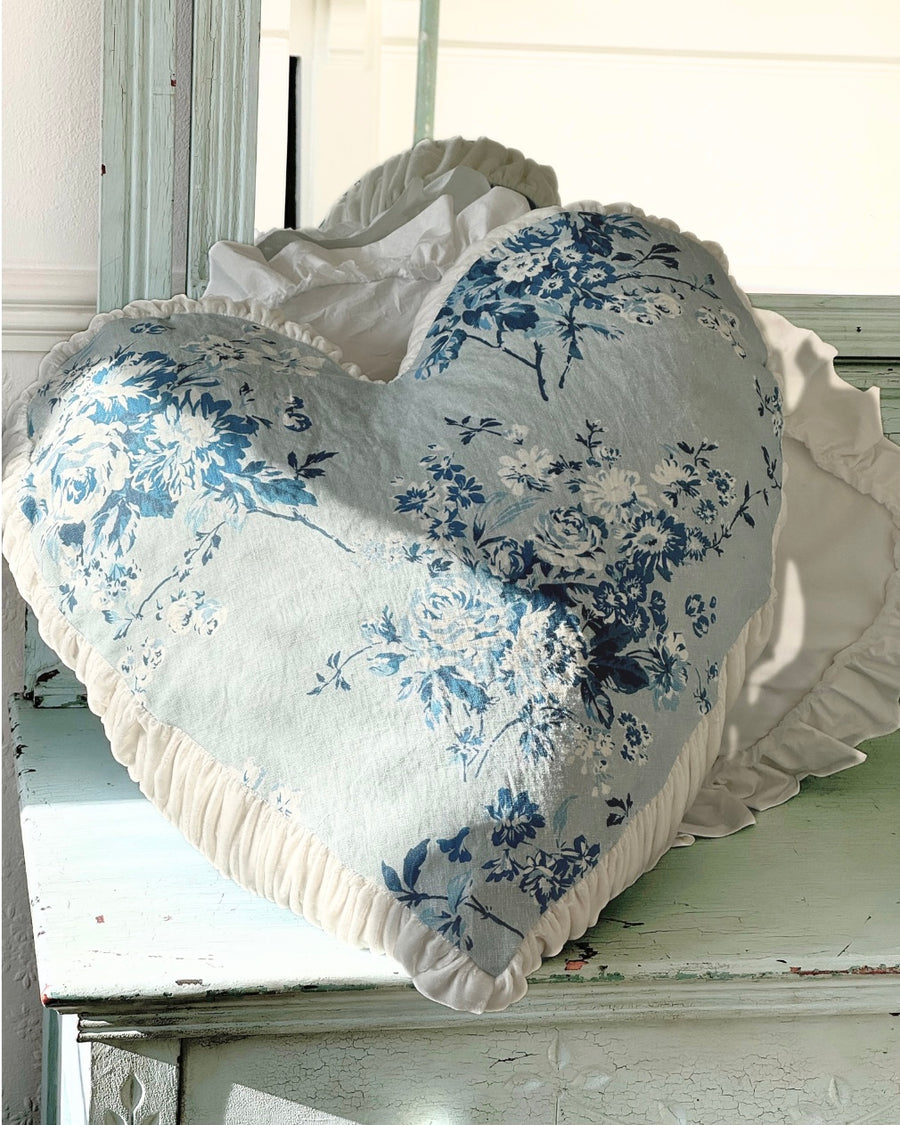 Rose Chintz Blue Heart Pillow