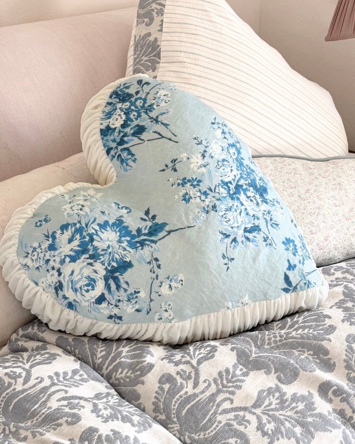 Rose Chintz Blue Heart Pillow