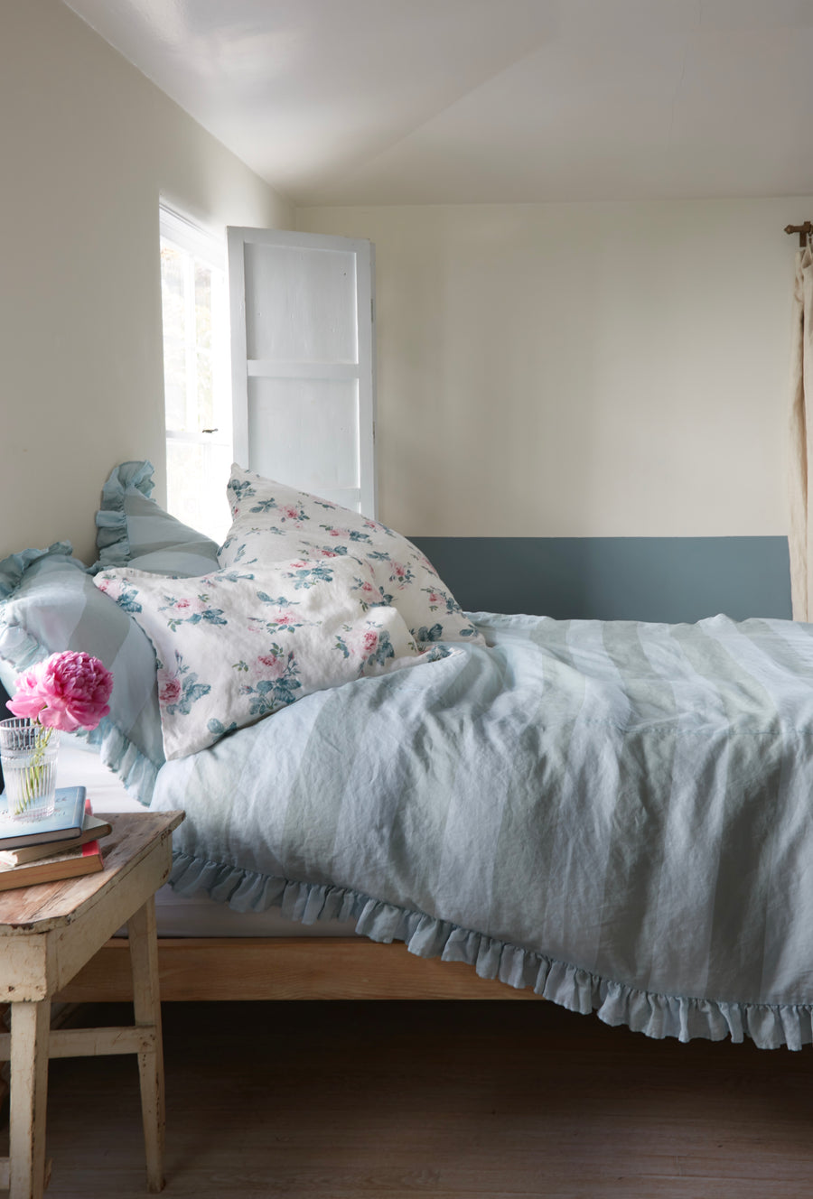 Blue Stripe Ruffle Linen Bedding