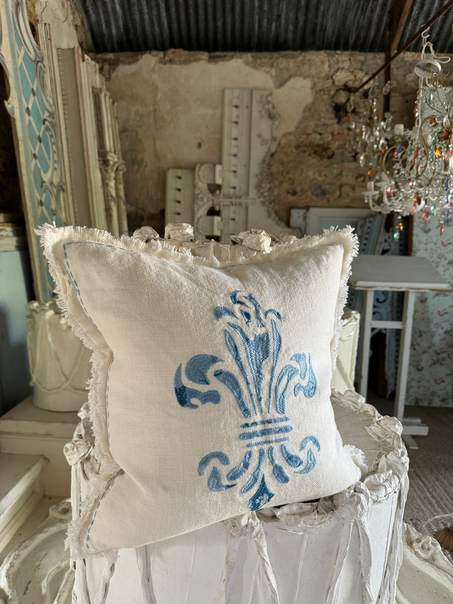 Fleur de Lis Embroidered Blue Pillow