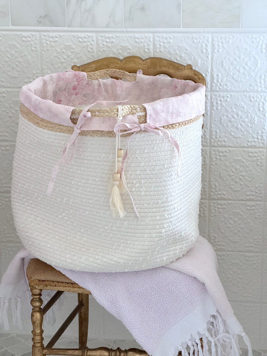 Woven Cotton Rope Basket with Floral Ikat Overdye Laundry Liner