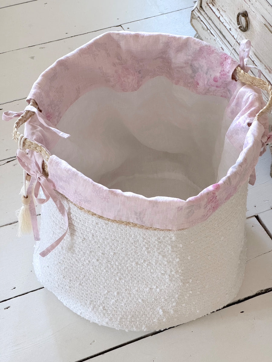 Woven Cotton Rope Basket with Floral Ikat Overdye Laundry Liner