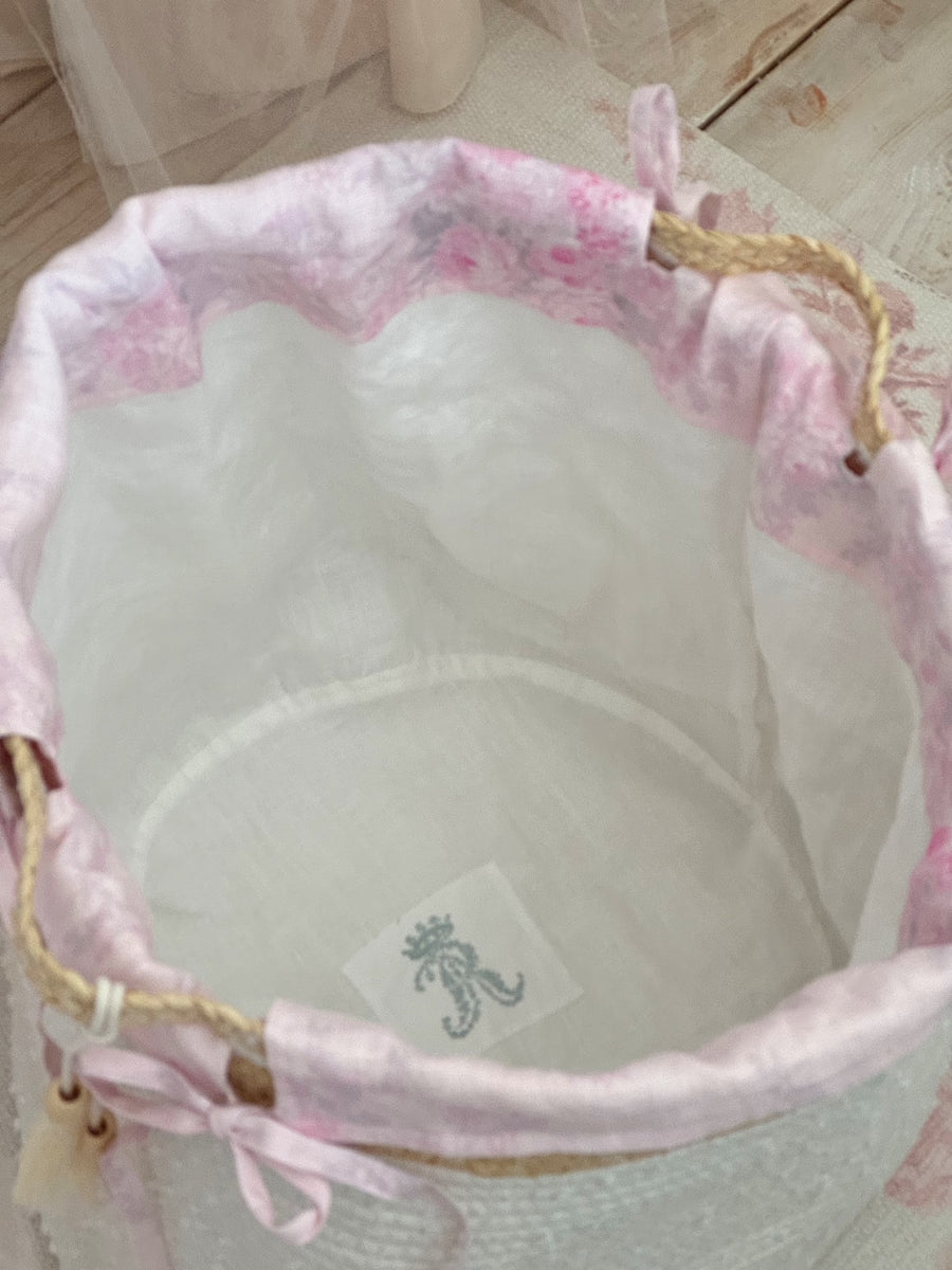Woven Cotton Rope Basket with Floral Ikat Overdye Laundry Liner