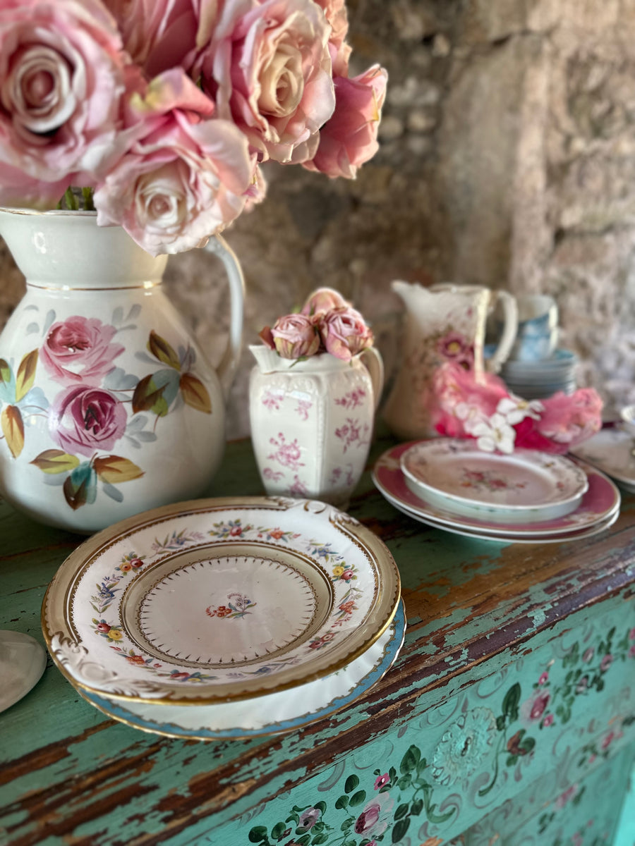 Vintage China - Pistachio & Folk Flowers Porcelain Cake Plate