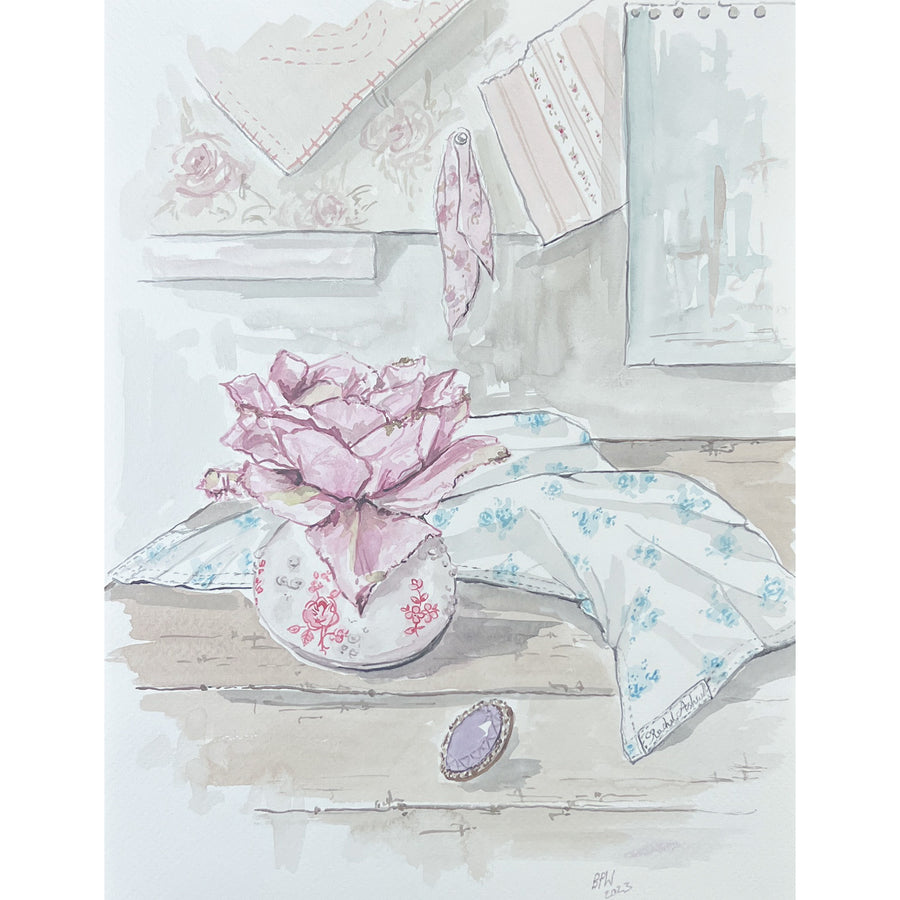 Ben Peck Whiston Original Painting - Voile, Brooch & Rose