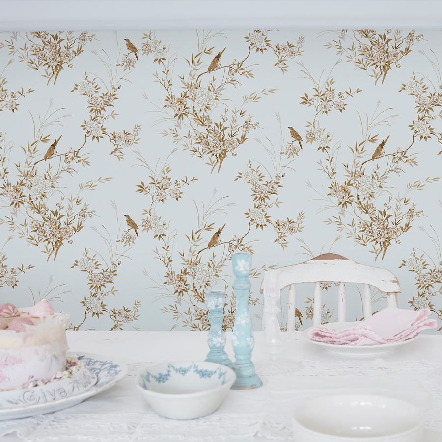 Bird Chinoiserie Blue Gold Wallpaper