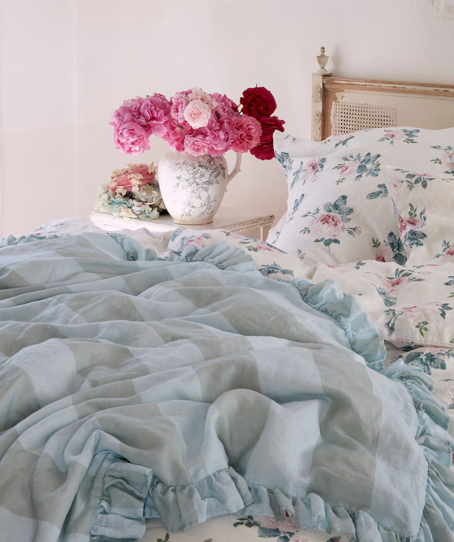 Blue Stripe Ruffle Linen Bedding