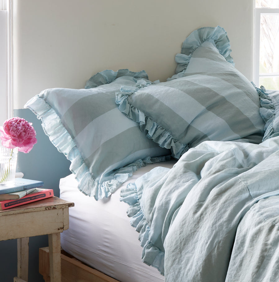 Blue Stripe Ruffle Linen Bedding