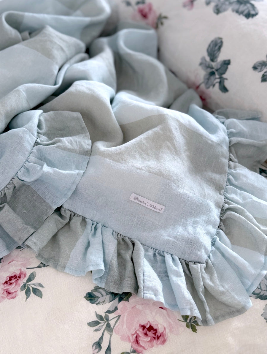 Blue Stripe Ruffle Linen Bedding