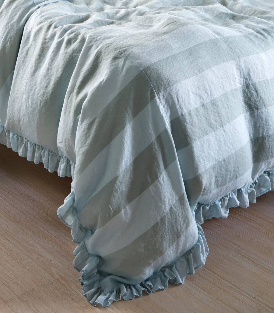 Blue Stripe Ruffle Linen Bedding