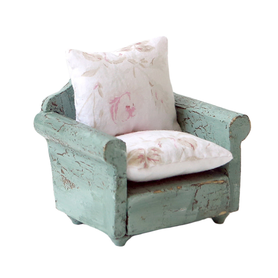 Dollhouse Furniture - Green Arm Chair & Footstool