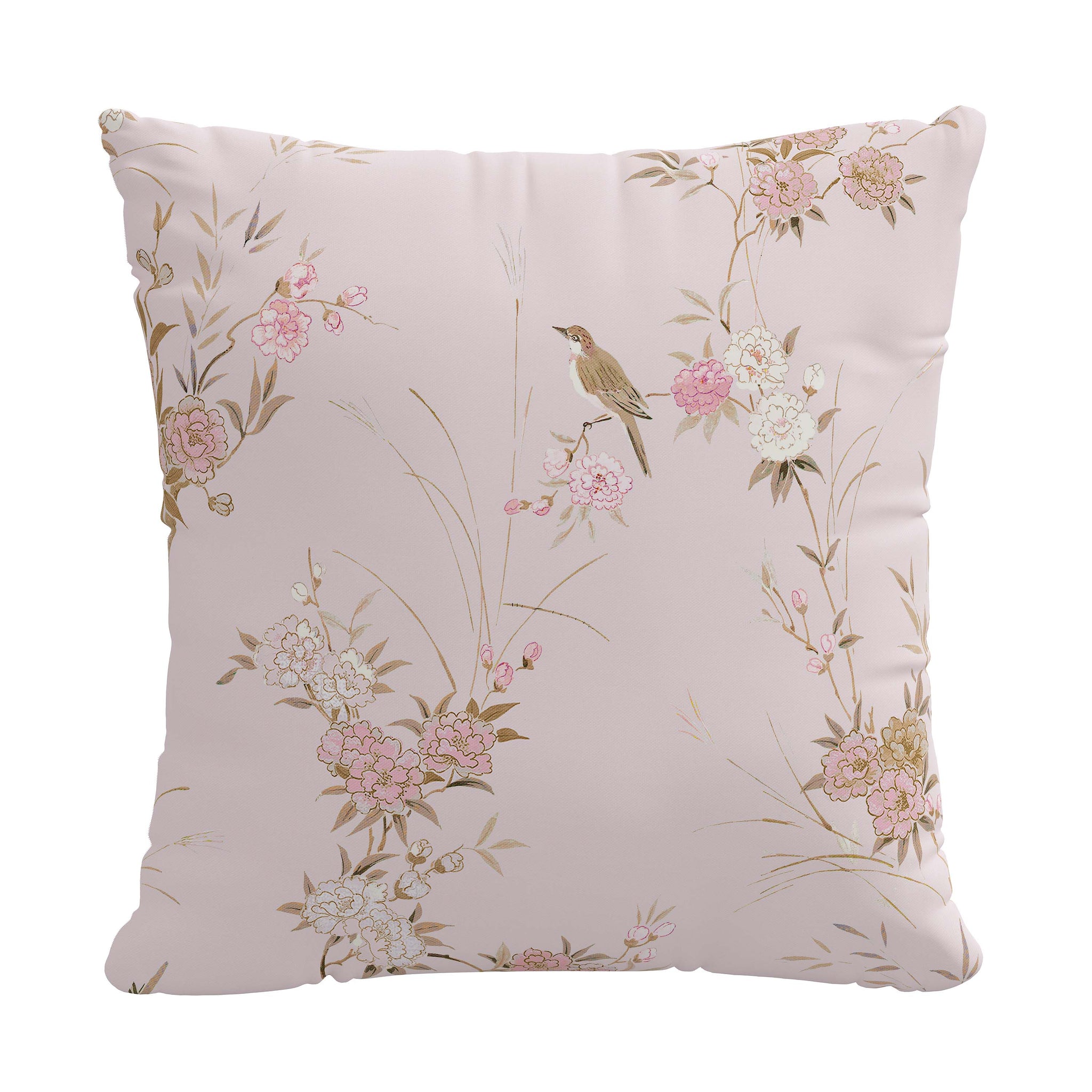Pink Chinoiserie Throw Pillow with Taupe Birds – Rachel Ashwell - Main Image