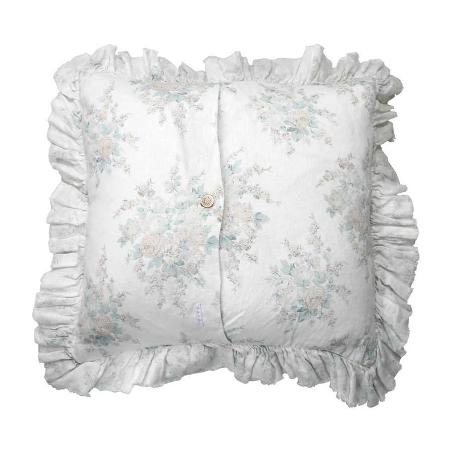 Raw Edge Roseblossom Teal on Oyster Linen Pillow