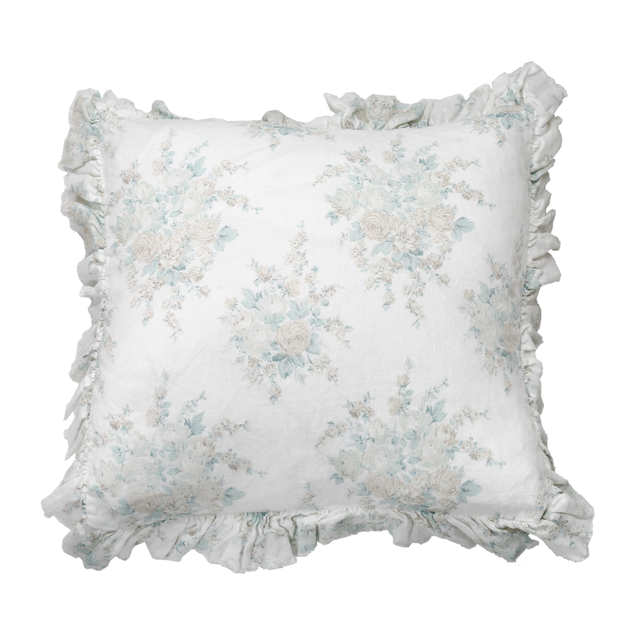 Raw Edge Roseblossom Teal on Oyster Linen Pillow