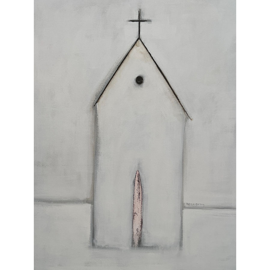 Mary Gregory Original Painting - White Church with Pink Door