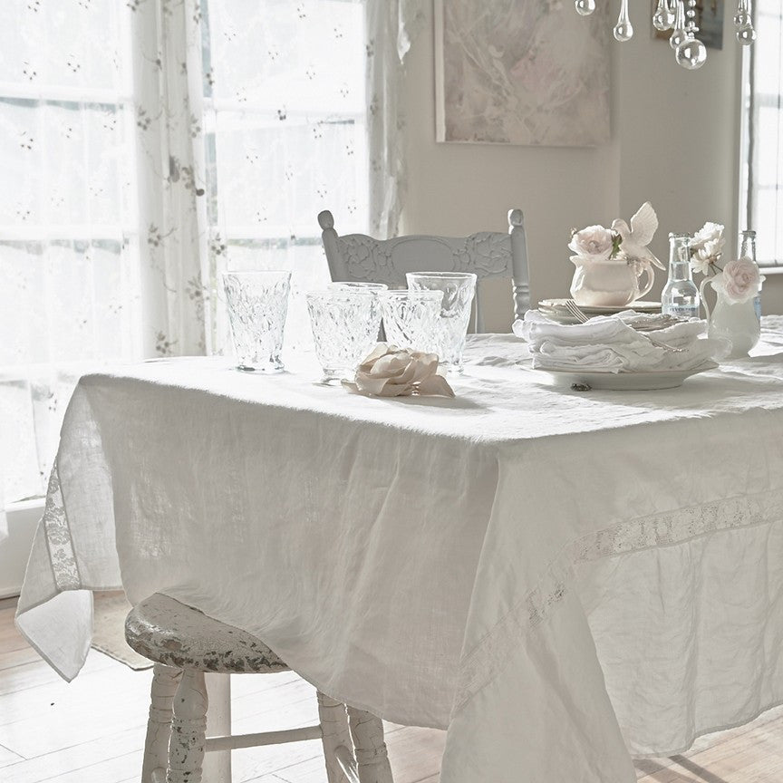 Lace Inset White Tablecloth